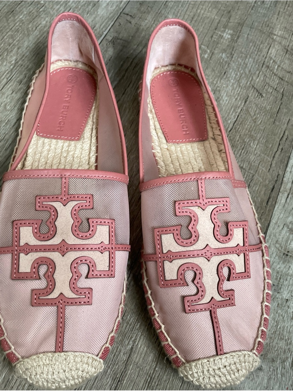 Tory Burch Ines Espadrille Mesh/Calf Leather/Silk Suede in Seashell Pink US 8